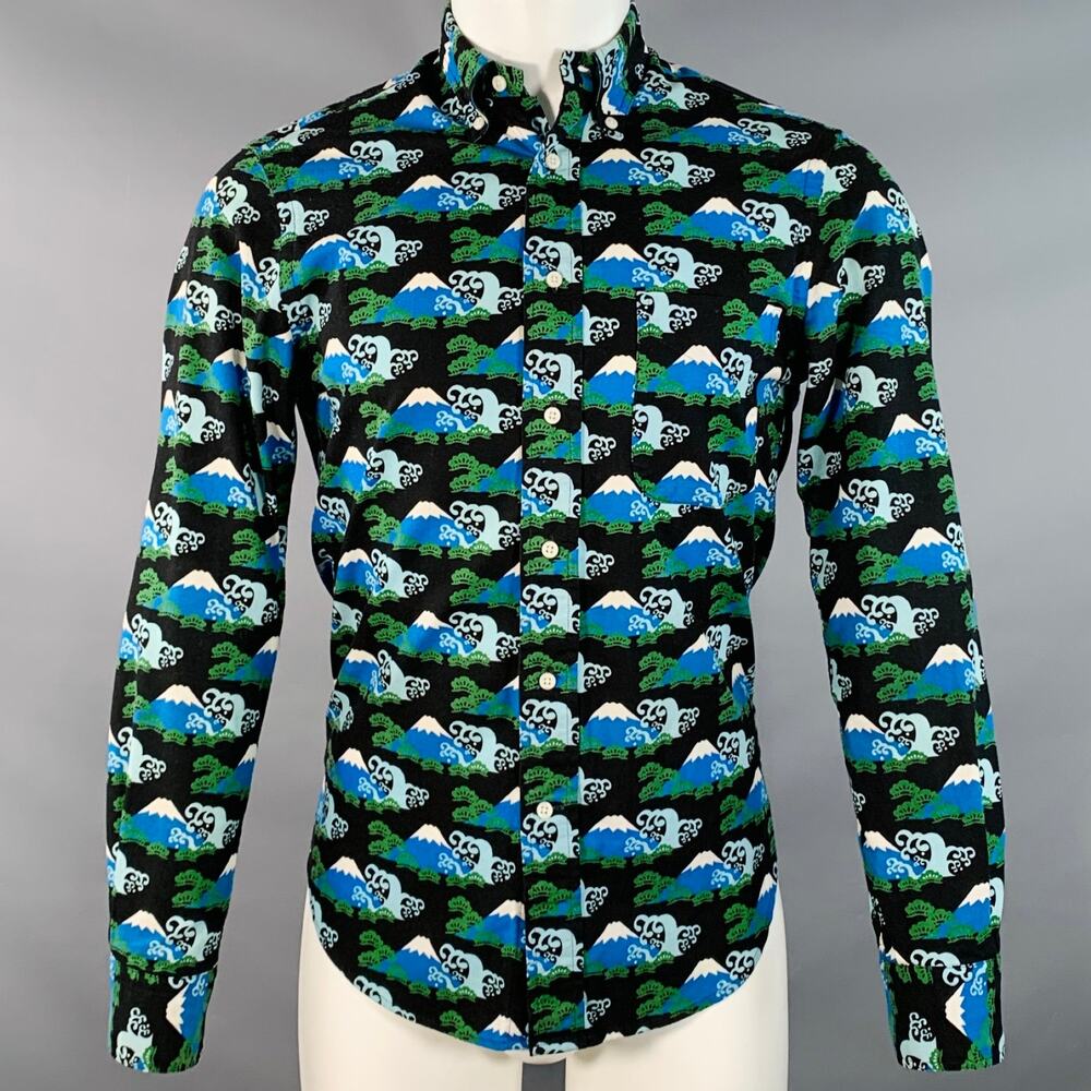 Size S Blue Black Mt. Fuji Cotton Button Down Collar Long Sleeve Shirt